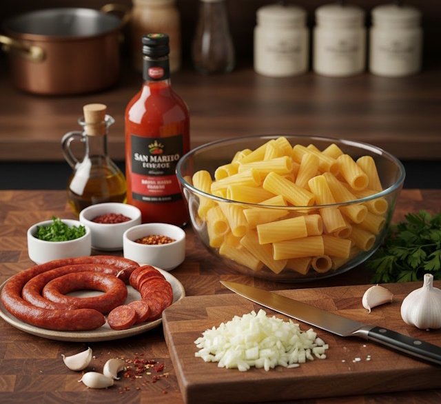 Mise en Place de la receta de Rigatoni con Chorizo al Horno