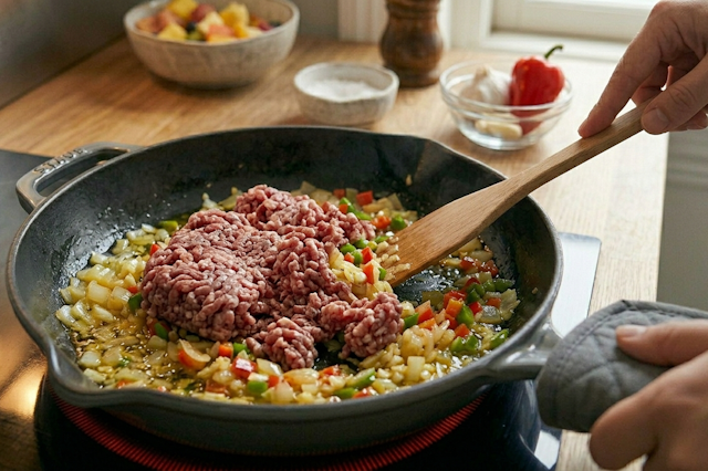 Sofrito de cebolla, ajo, pimiento verde y carne picada