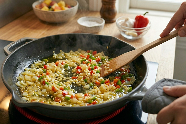 Sofrito de cebolla, ajo y pimiento verde