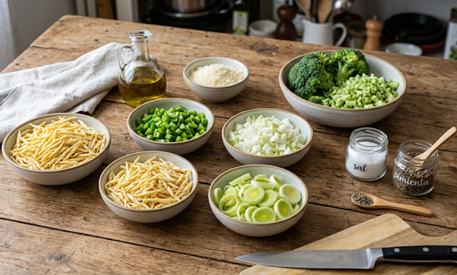 Mise en place de la receta de Pasta Trofie con Verduras y Nueces