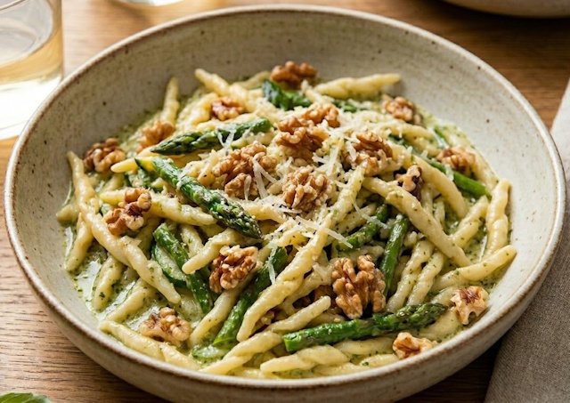 Con Esparragos, para hacer la variante de la receta de Pasta Trofie con Verduras y Nueces