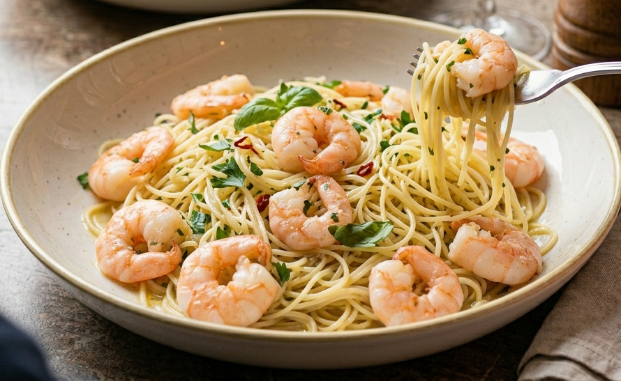 Capellini con Langostinos en Salsa de Lima