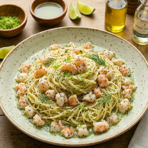 Capellini con Langostinos en Salsa de Lima