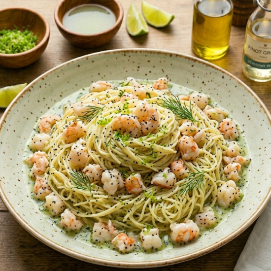 Capellini con Langostinos en Salsa de Lima