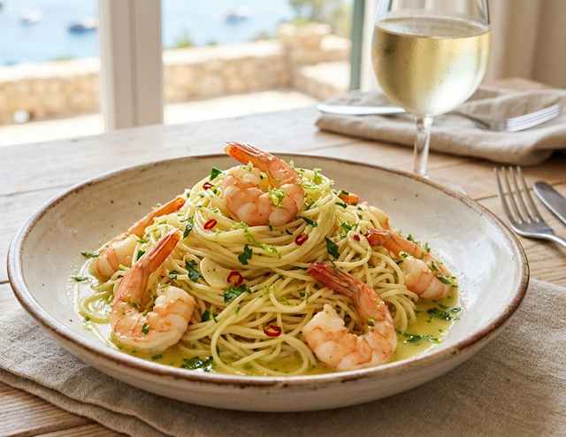 Capellini con Langostinos en Salsa de Lima