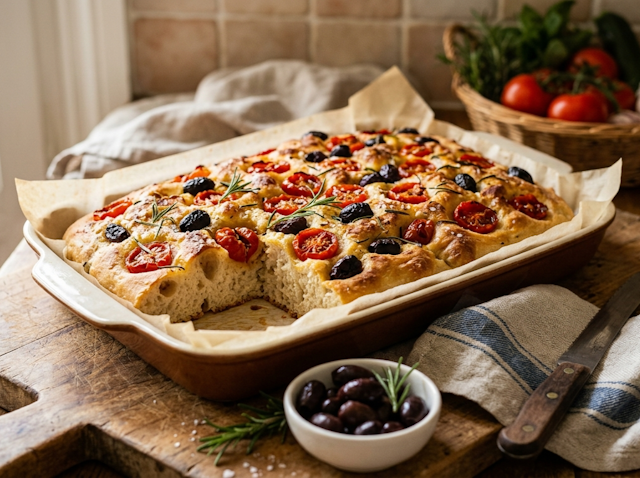 Focaccia de Tomates y Aceitunas