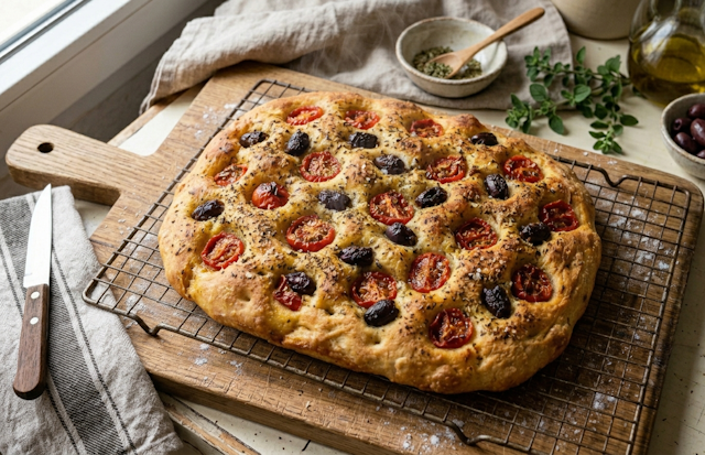 Focaccia de Tomates y Aceitunas