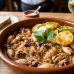 Plato de chipirones encebollados con patatas panaderas listas para servir