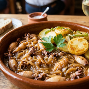 Plato de chipirones encebollados con patatas panaderas listas para servir