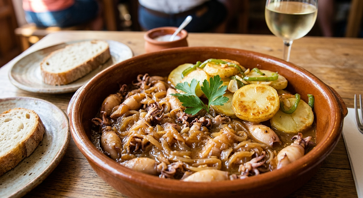 Plato de chipirones encebollados con patatas panaderas listas para servir