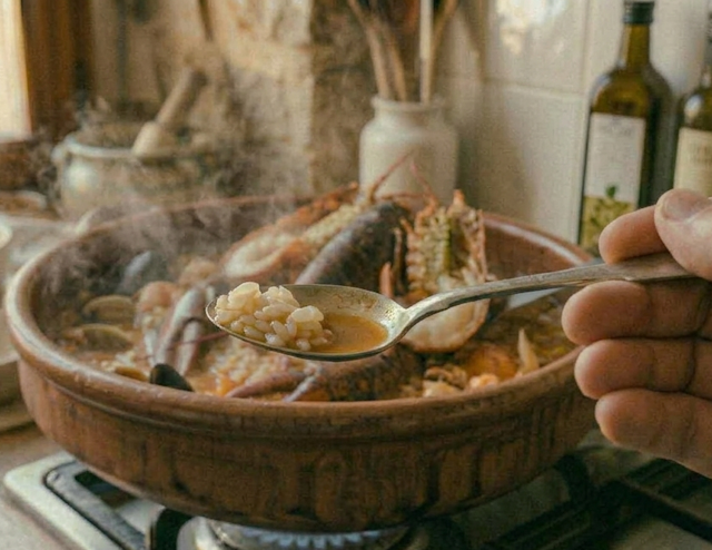 Probar el arroz meloso de bogavante