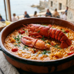 Plato de arroz meloso de bogavante servido en una cazuela".
