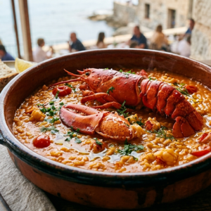 Plato de arroz meloso de bogavante servido en una cazuela".