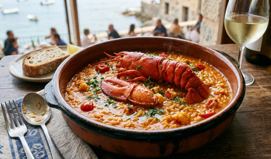 Plato de arroz meloso de bogavante servido en una cazuela".