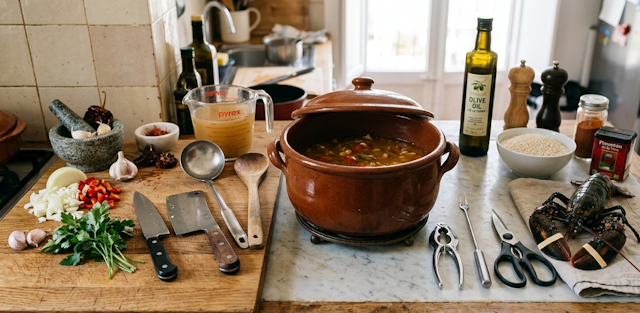 UTENSILIOS NECESARIOS PARA PREPARAR ESTA RECETA DE ARROZ MELOSO DE BOGAVANTE