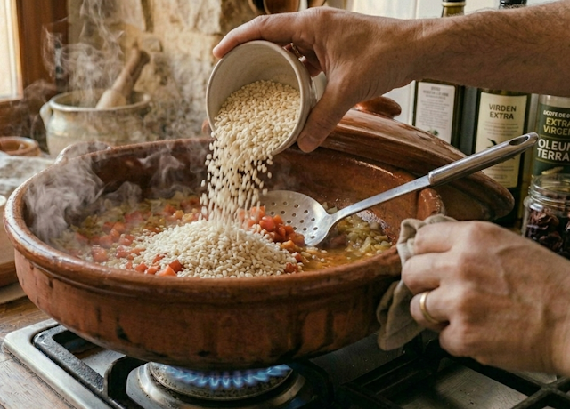 Añadir el arroz para hacer el Arroz Meloso de Bogavante