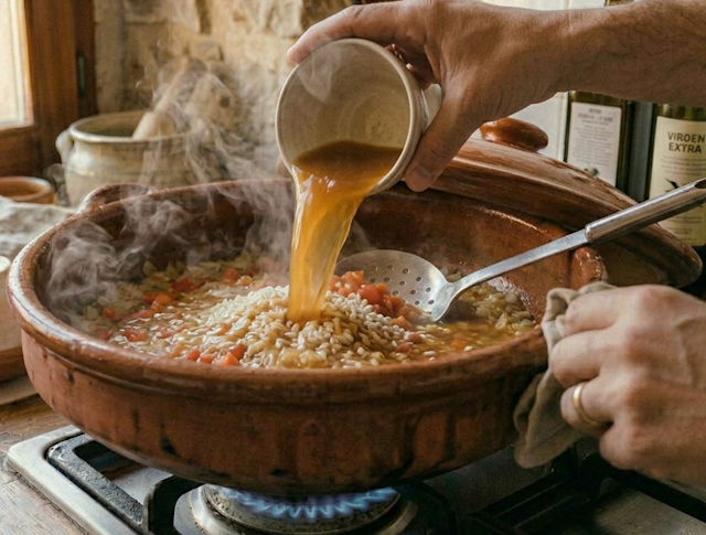 Añadir el caldo para hacer el Arroz Meloso de Bogavante