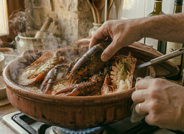 Añadir el bogavante para hacer el Arroz Meloso de Bogavante