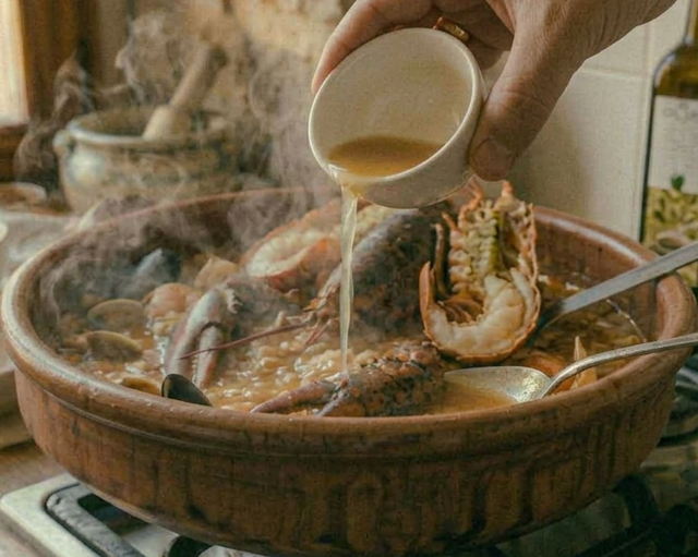 Añadir más caldo al arroz meloso de bogavante