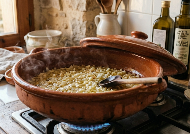 Cazo de barro con cebolla y ajo