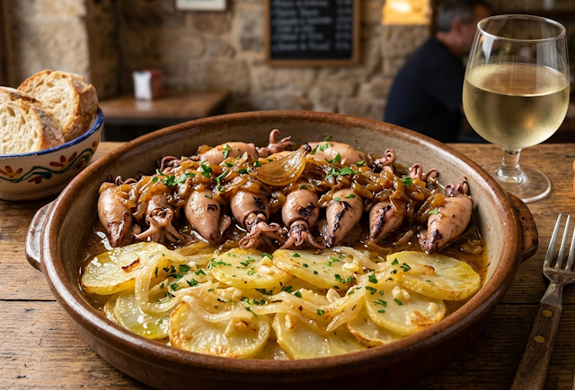 Chipirones Encebollados con Patatas Panaderas