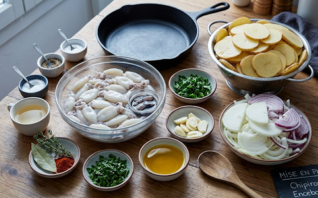 Mise en Place de chipirones encebollados con patatas panaderas