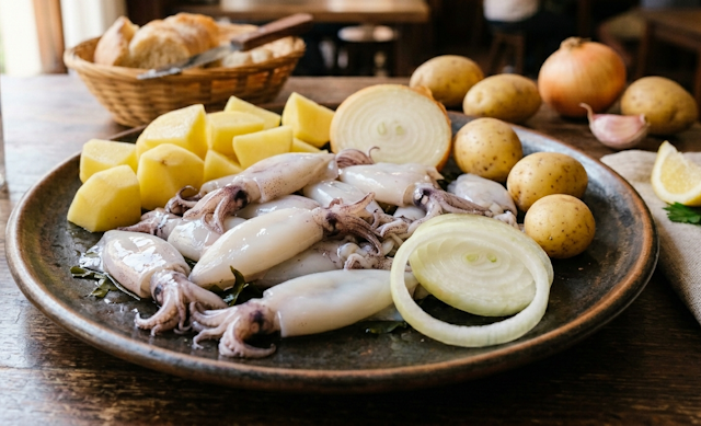 Chipirones, Cebollas y Patatas, para hacer la receta de los Chipirones encebollados con patatas panadera