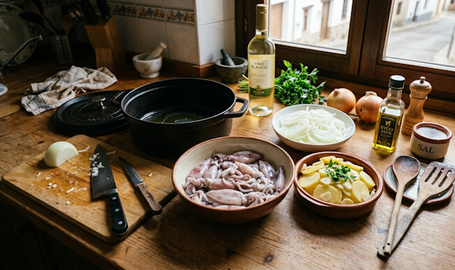 LOS UTENSILIOS NECESARIOS PARA PREPARAR ESTA RECETA DE CHIPIRONES ENCEBOLLADOS CON PATATAS PANADERAS