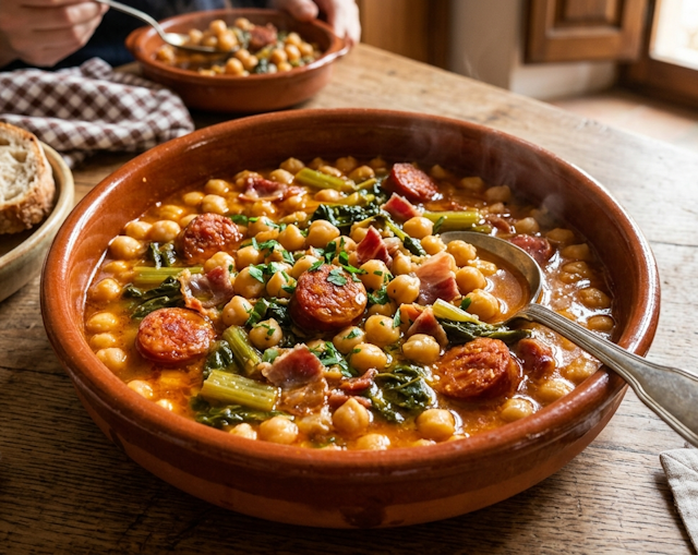 Plato de barro con garbanzos guisados con trozos de chistorra, jamón y tallos verdes de borraja