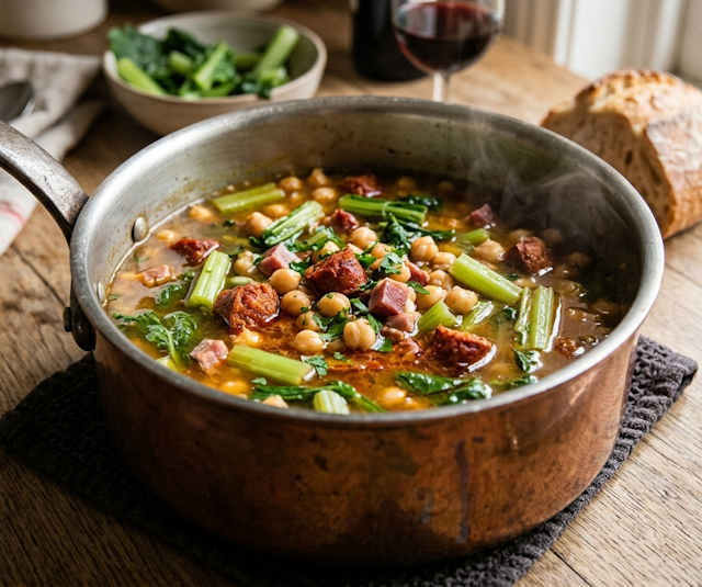 Receta humilde de Garbanzos con Chistorra, Jamón y Borrajas