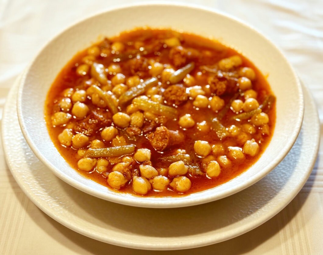 Primer plano de un guiso de garbanzos con trozos de chistorra roja, virutas de jamón serrano y tallos de borraja verde en un plato de barro artesanal
