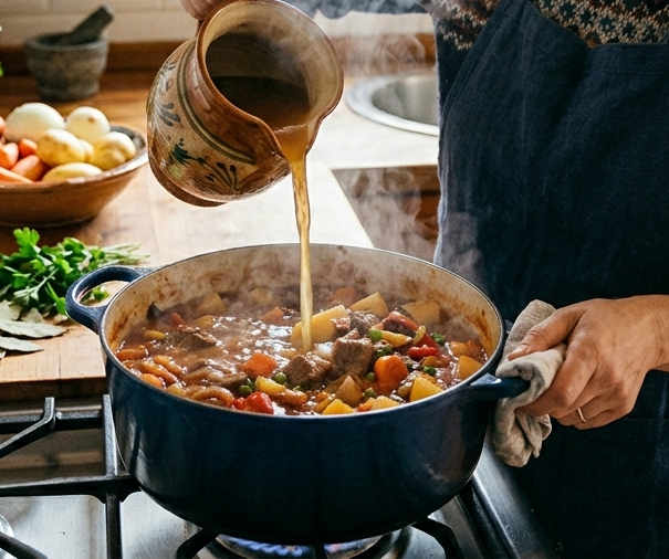 Añadiendo caldo a un guiso