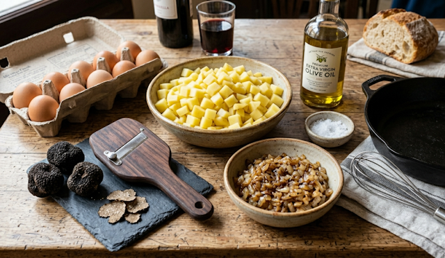 Mise en Place, para hacer la receta de Tortilla de Patata con Trufa Negra