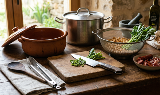 Utensilios Necesarios para hacer esta receta de  Garbanzos con Chistorra, Jamón y Borrajas