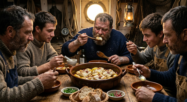 Marineros comiendo Vascos Bacalao a la Bilbaína