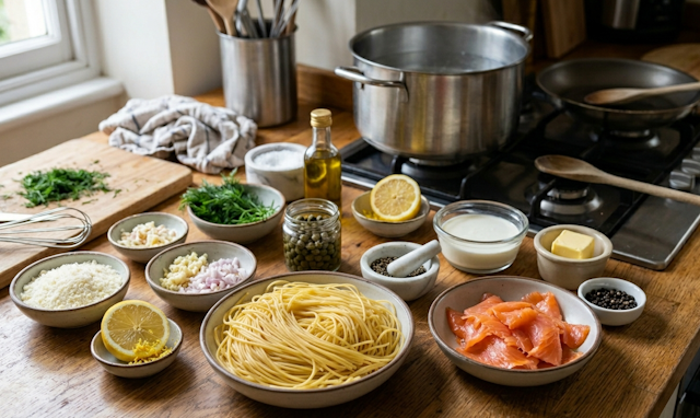 Mise en Place de Espaguetis con Salmón Marinado