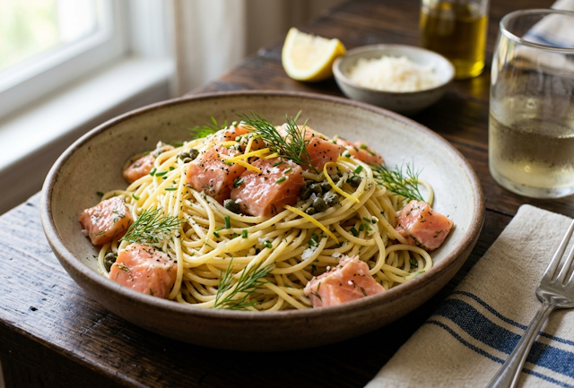 Espaguetis con Salmon marinado