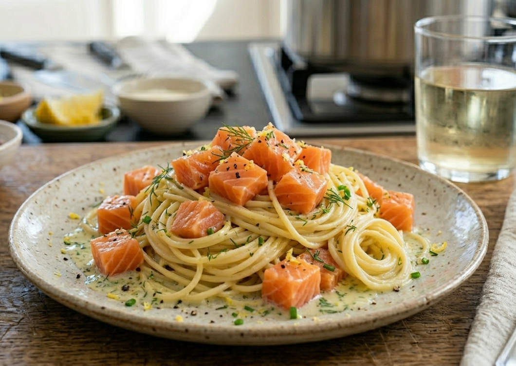 Espaguetis con Salmon marinado