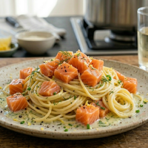 Espaguetis con Salmon marinado