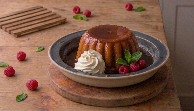 Flan de queso cremoso cubierto con caramelo casero