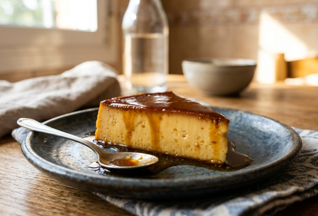 Porción de flan de queso cremoso cubierto con caramelo casero