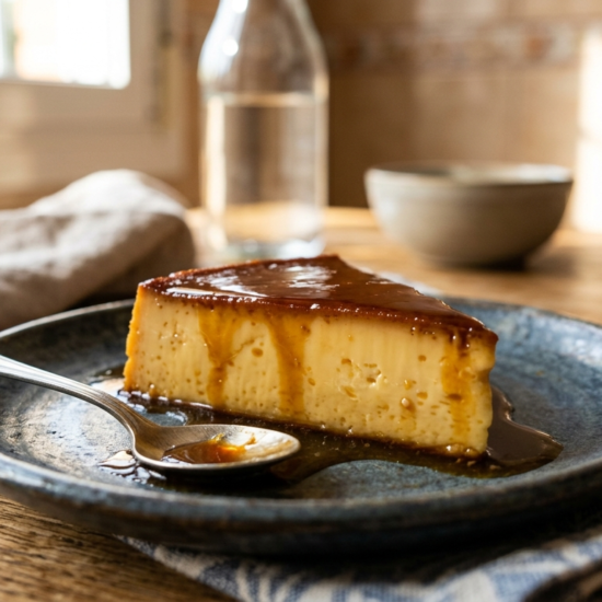 Porción de flan de queso cremoso cubierto con caramelo casero