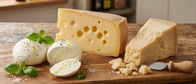 Mozzarella. Queso Emmental, Parmesano 