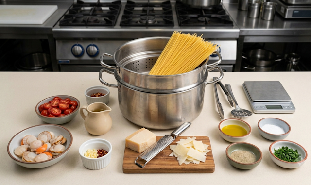 Mise en place de la receta de Espaguetis con Zamburiñas y Queso