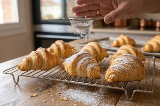 Espolvorea con azúcar glas sobre los cruasanes