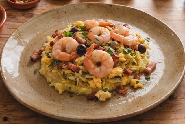 Bacalao Dorado con Gambas y Bacón