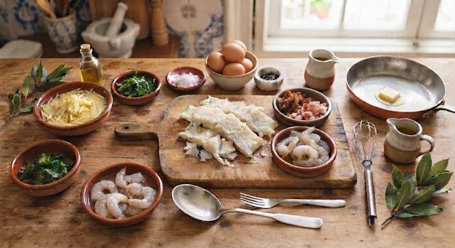 Mise en place de la receta de Bacalao Dorado con Gambas y Bacón