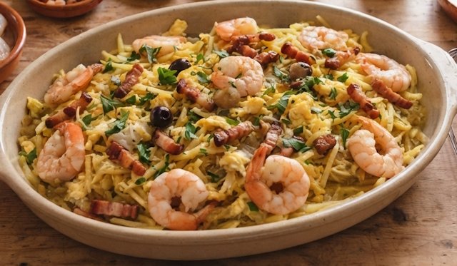 Bacalao Dorado con Gambas y Bacón