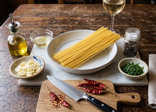 Mise en Place de la receta de Espaguetis con Ajo, Aceite y Guindilla (Spaghetti Aglio, Olio e Peperoncino)