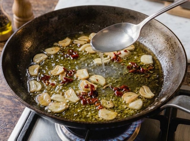 Ajo frito con caldo, para hacer la receta de Espaguetis con Ajo Aceite
